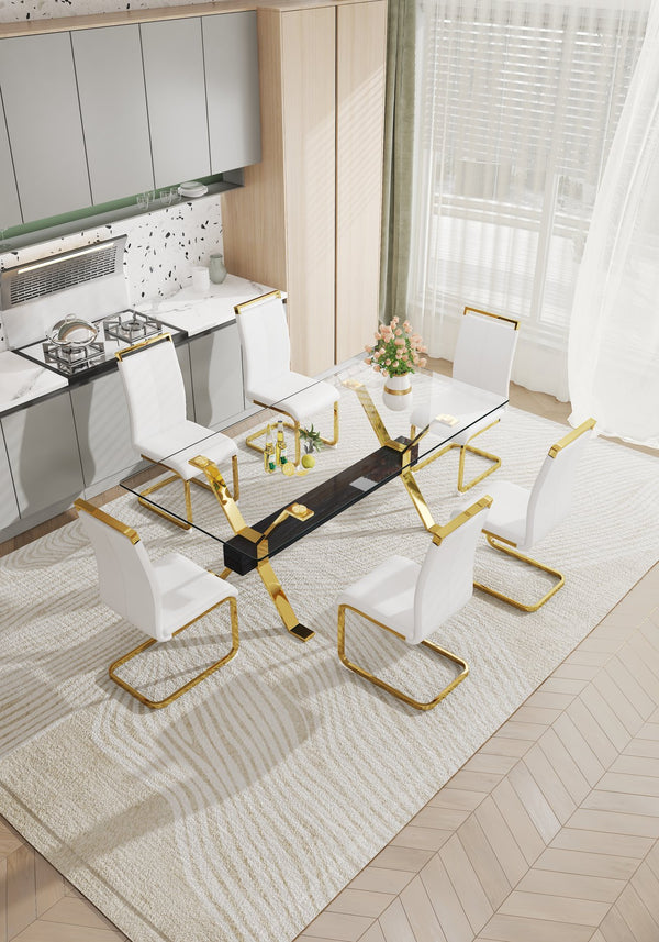 English Elm Dining Table - Stylish Tempered Glass Top With Gold-Plated Metal Legs For Modern Home & Office Use W1151S00260