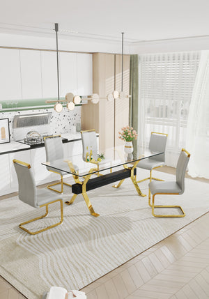 English Elm Dining Table - Stylish Tempered Glass Top With Gold-Plated Metal Legs For Modern Home & Office Use W1151S00260