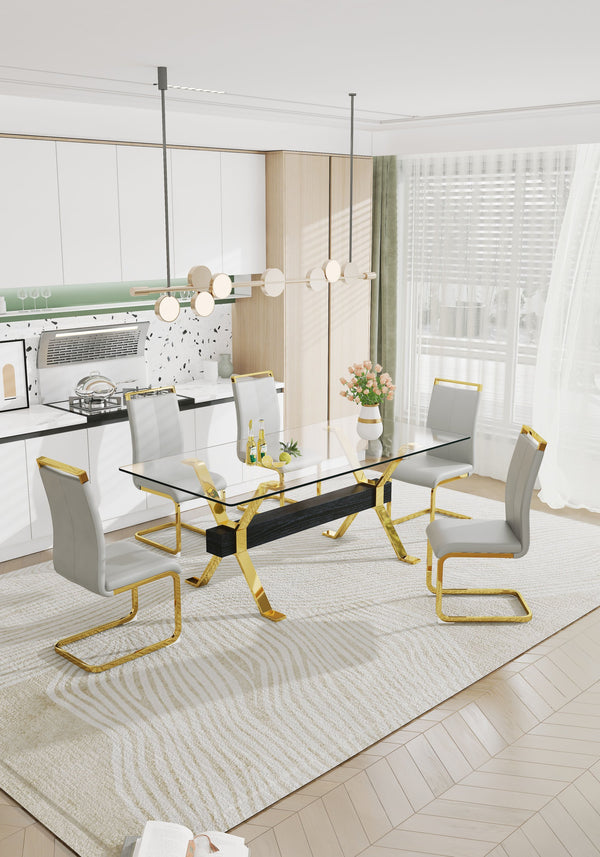 English Elm Dining Table - Stylish Tempered Glass Top With Gold-Plated Metal Legs For Modern Home & Office Use W1151S00260