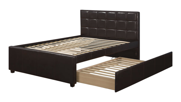 English Elm Twin Faux Leather Upholstered Bed with Pull-Out Trundle for Kids Compact Modern Sleep Solution Espresso 51 L x 43 W x 6 H B011S01150