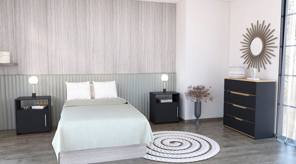 English Elm 3 Aralia 3-Piece Bedroom Set with Drawer Dresser & 2 Omaha Nightstands, Black/Light Oak, Easy Assemble Durable Design B097S00060