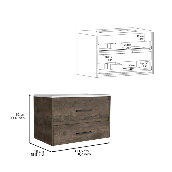 English Elm Floating Vanity 20.4"H Wall-Mounted Bathroom Cabinet with 2 Drawers, Dark Brown/White, Easy-Assembly Features B097S00008
