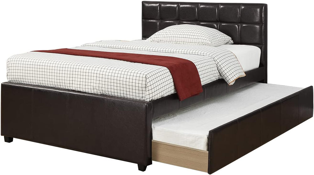 English Elm Full Full Size Bed with Twin Trundle Upholstered Faux Leather Headboard Wooden Slats Modern Design Cozy Sleep Espresso 59 L x 50 W x 6 H B011S01149