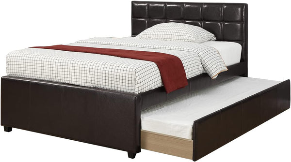 English Elm Twin Faux Leather Upholstered Bed with Pull-Out Trundle for Kids Compact Modern Sleep Solution Espresso 51 L x 43 W x 6 H B011S01150