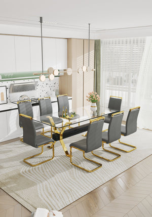 English Elm Dining Table - Stylish Tempered Glass Top With Gold-Plated Metal Legs For Modern Home & Office Use W1151S00260