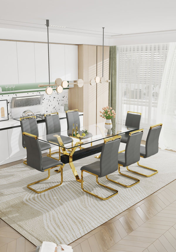 English Elm Dining Table - Stylish Tempered Glass Top With Gold-Plated Metal Legs For Modern Home & Office Use W1151S00260