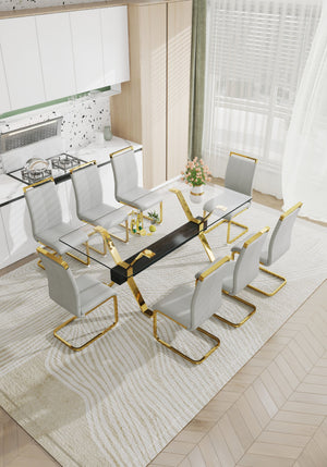 English Elm Dining Table - Stylish Tempered Glass Top With Gold-Plated Metal Legs For Modern Home & Office Use W1151S00260