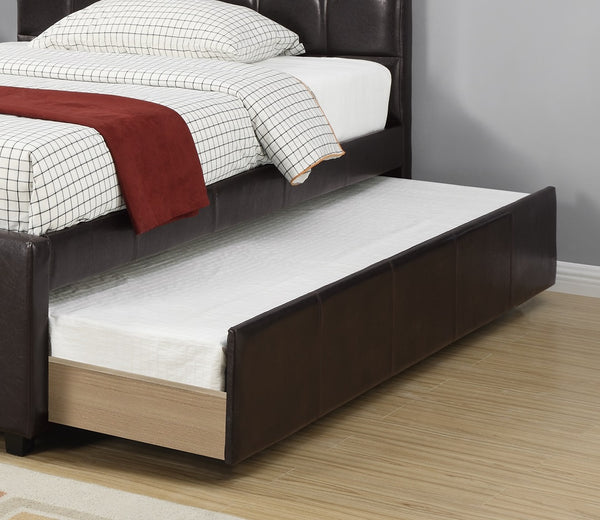 English Elm Twin Faux Leather Upholstered Bed with Pull-Out Trundle for Kids Compact Modern Sleep Solution Espresso 51 L x 43 W x 6 H B011S01150