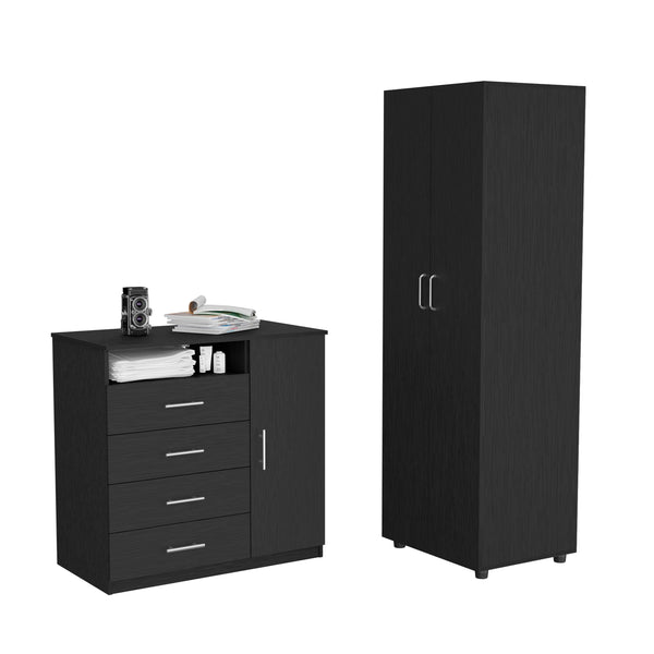 English Elm 2 London Armoire & Rioja 4-Drawer Dresser Set in Black — Easy RTA Assembly, Durable Particleboard Finish, Pre-Drilled B0200S00242