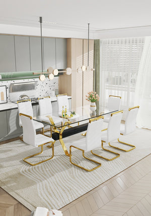 English Elm 1 Luxurious Modern Glass Dining Table & 8 White Pu Chairs With Gold Legs For Stylish Interiors W1151S00456