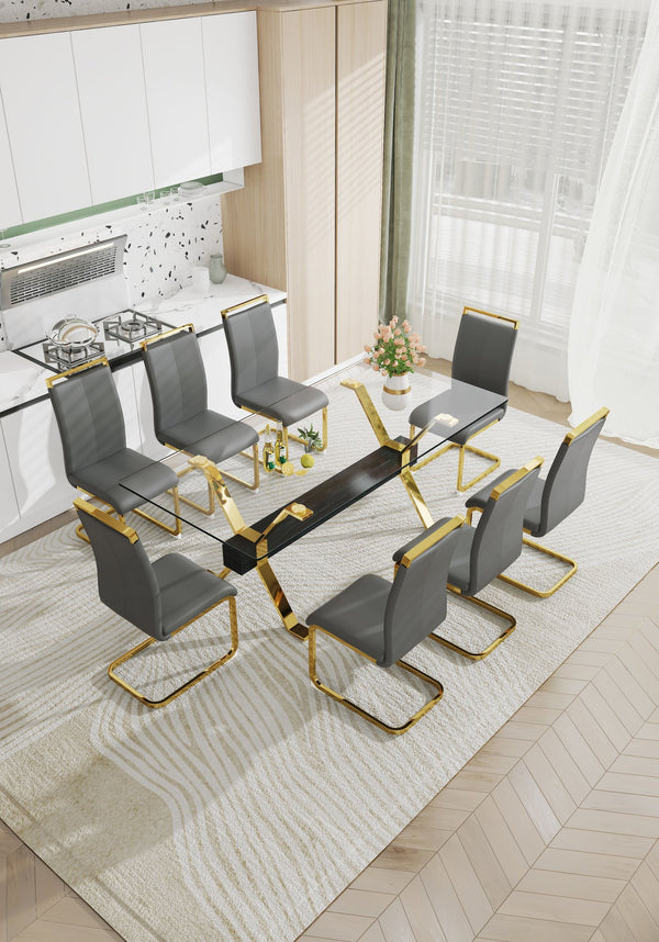 English Elm Dining Table - Stylish Tempered Glass Top With Gold-Plated Metal Legs For Modern Home & Office Use W1151S00260