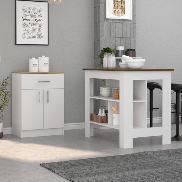 English Elm 2 Piece Kitchen Set - Delos Island & Barbados Pantry Cabinet In White/Walnut For Modern Spaces B097S00018