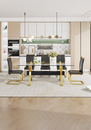 English Elm Dining Table - Stylish Tempered Glass Top With Gold-Plated Metal Legs For Modern Home & Office Use W1151S00260