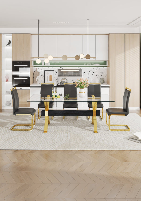 English Elm Dining Table - Stylish Tempered Glass Top With Gold-Plated Metal Legs For Modern Home & Office Use W1151S00260