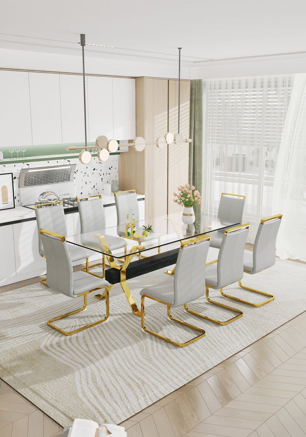 English Elm Dining Table - Stylish Tempered Glass Top With Gold-Plated Metal Legs For Modern Home & Office Use W1151S00260