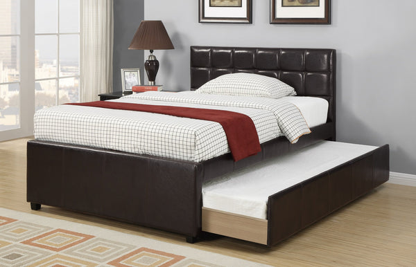 English Elm Twin Faux Leather Upholstered Bed with Pull-Out Trundle for Kids Compact Modern Sleep Solution Espresso 51 L x 43 W x 6 H B011S01150