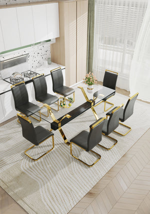 English Elm Dining Table - Stylish Tempered Glass Top With Gold-Plated Metal Legs For Modern Home & Office Use W1151S00260
