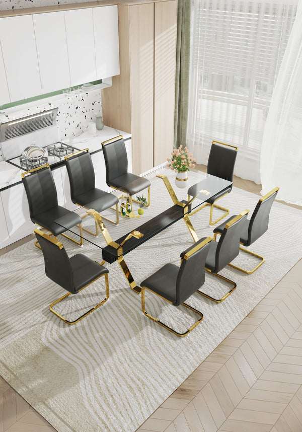 English Elm Dining Table - Stylish Tempered Glass Top With Gold-Plated Metal Legs For Modern Home & Office Use W1151S00260