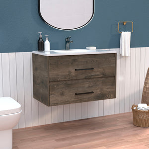 English Elm Floating Vanity 20.4"H Wall-Mounted Bathroom Cabinet with 2 Drawers, Dark Brown/White, Easy-Assembly Features B097S00008
