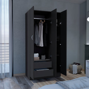 English Elm Wardrobe Armoire with 3 Doors and 2 Inner Drawers, Sturdy Particle Board, Easy Interlocking Assembly Black 74.8 L x 23.62 W x 2.75 H B097S00010