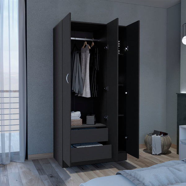 English Elm Wardrobe Armoire with 3 Doors and 2 Inner Drawers, Sturdy Particle Board, Easy Interlocking Assembly Black 74.8 L x 23.62 W x 2.75 H B097S00010