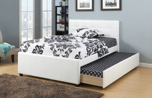English Elm Twin Faux Leather Upholstered Bed with Pull-Out Trundle for Kids Compact Modern Sleep Solution White 52 L x 44 W x 7 H B011S01146