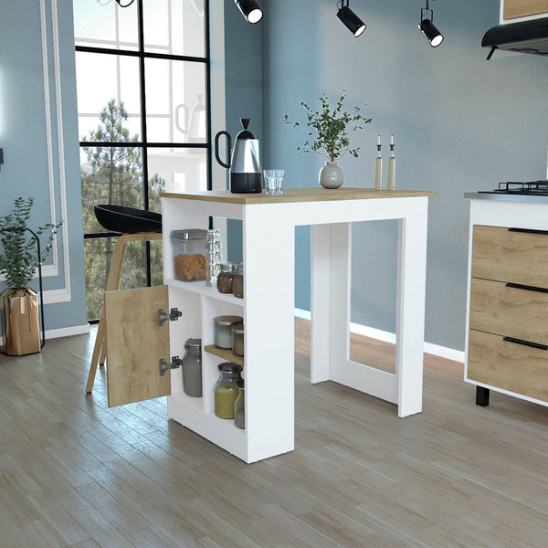 English Elm Kitchen Island with 36" Height, Interlocking RTA Assembly, 3 Open Shelves & Push-Open Cabinet, White Macadamia B097120599