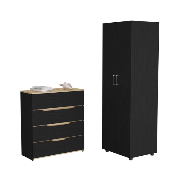 English Elm 2 London Armoire & Aralia Dresser Set in Black/Light Oak — RTA Particle Board, Easy Interlock, Pre-Drilled, Durable Finish B097S00054