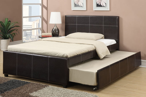 English Elm Twin Faux Leather Upholstered Bed with Pull-Out Trundle for Kids Compact Modern Sleep Solution Espresso 44 L x 41 W x 7 H B011S01148