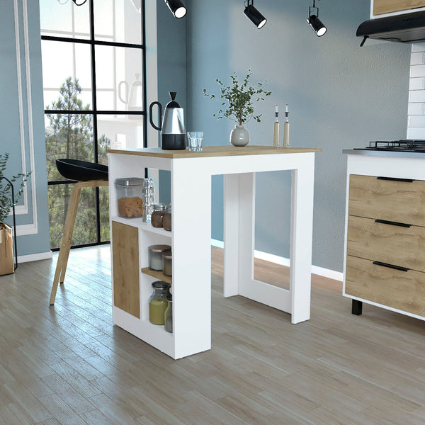 English Elm Kitchen Island with 36" Height, Interlocking RTA Assembly, 3 Open Shelves & Push-Open Cabinet, White Macadamia B097120599