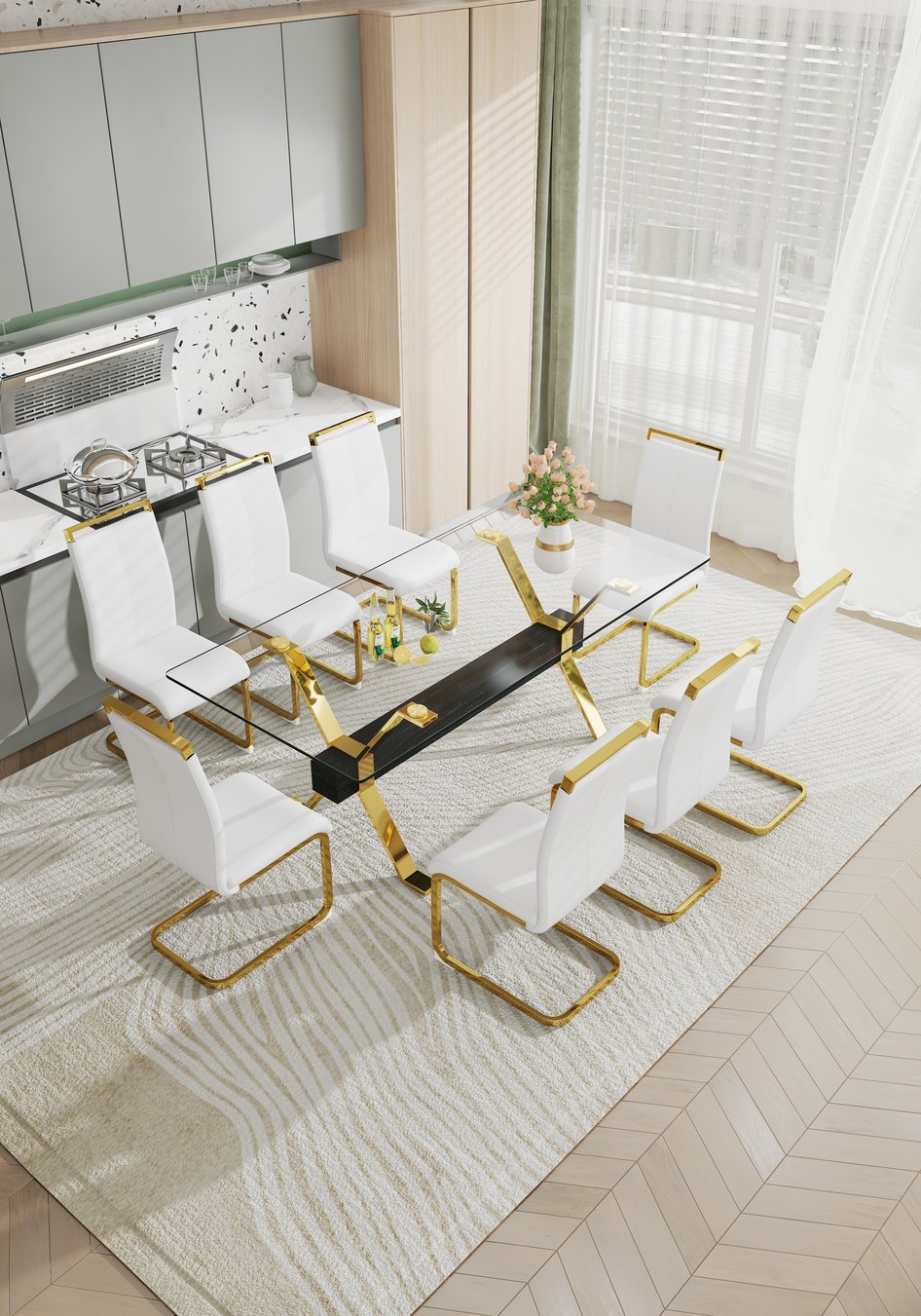 English Elm 1 Luxurious Modern Glass Dining Table & 8 White Pu Chairs With Gold Legs For Stylish Interiors W1151S00456