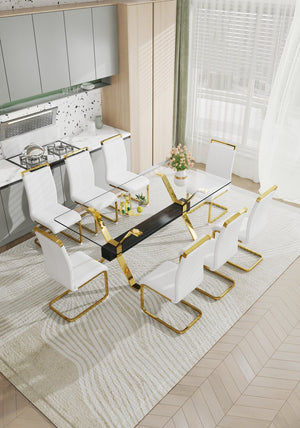 English Elm 1 Luxurious Modern Glass Dining Table & 8 White Pu Chairs With Gold Legs For Stylish Interiors W1151S00456
