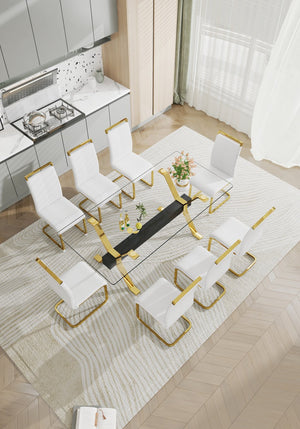 English Elm 1 Luxurious Modern Glass Dining Table & 8 White Pu Chairs With Gold Legs For Stylish Interiors W1151S00456