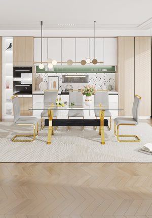 English Elm Dining Table - Stylish Tempered Glass Top With Gold-Plated Metal Legs For Modern Home & Office Use W1151S00260