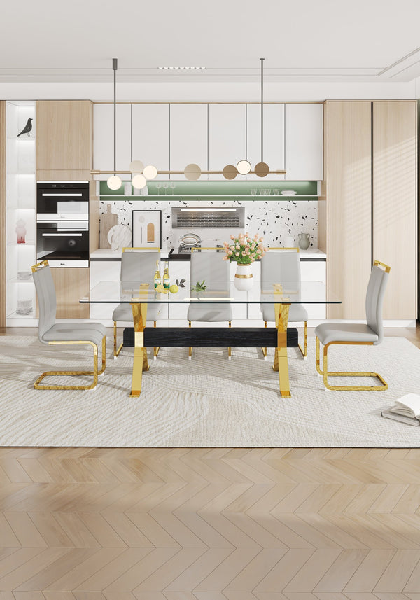 English Elm Dining Table - Stylish Tempered Glass Top With Gold-Plated Metal Legs For Modern Home & Office Use W1151S00260