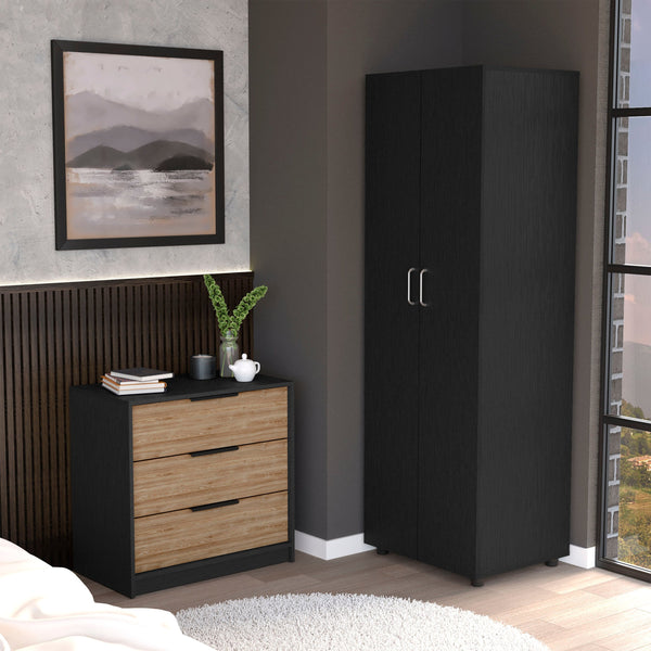 English Elm 2 Piece Bedroom Set London Armoire & Egeo 3-Drawer Dresser Black/Pine — RTA, Sturdy, Easy Assembly B0200S00243