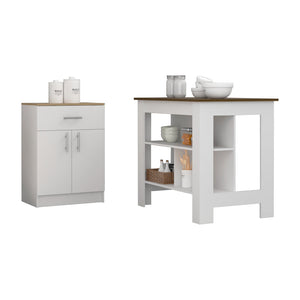 English Elm 2 Piece Kitchen Set: Stylish Island & Pantry Cabinet In White/Walnut/Light Oak For Versatile Storage B0200S00208