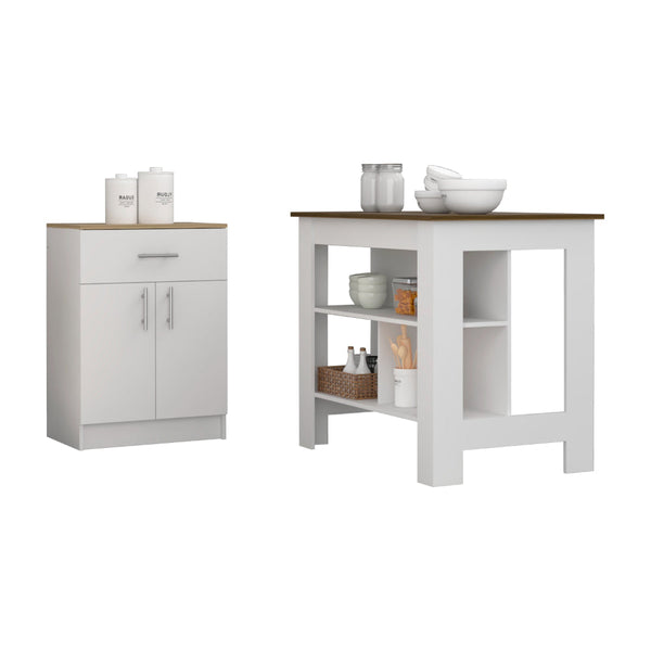 English Elm 2 Piece Kitchen Set: Stylish Island & Pantry Cabinet In White/Walnut/Light Oak For Versatile Storage B0200S00208