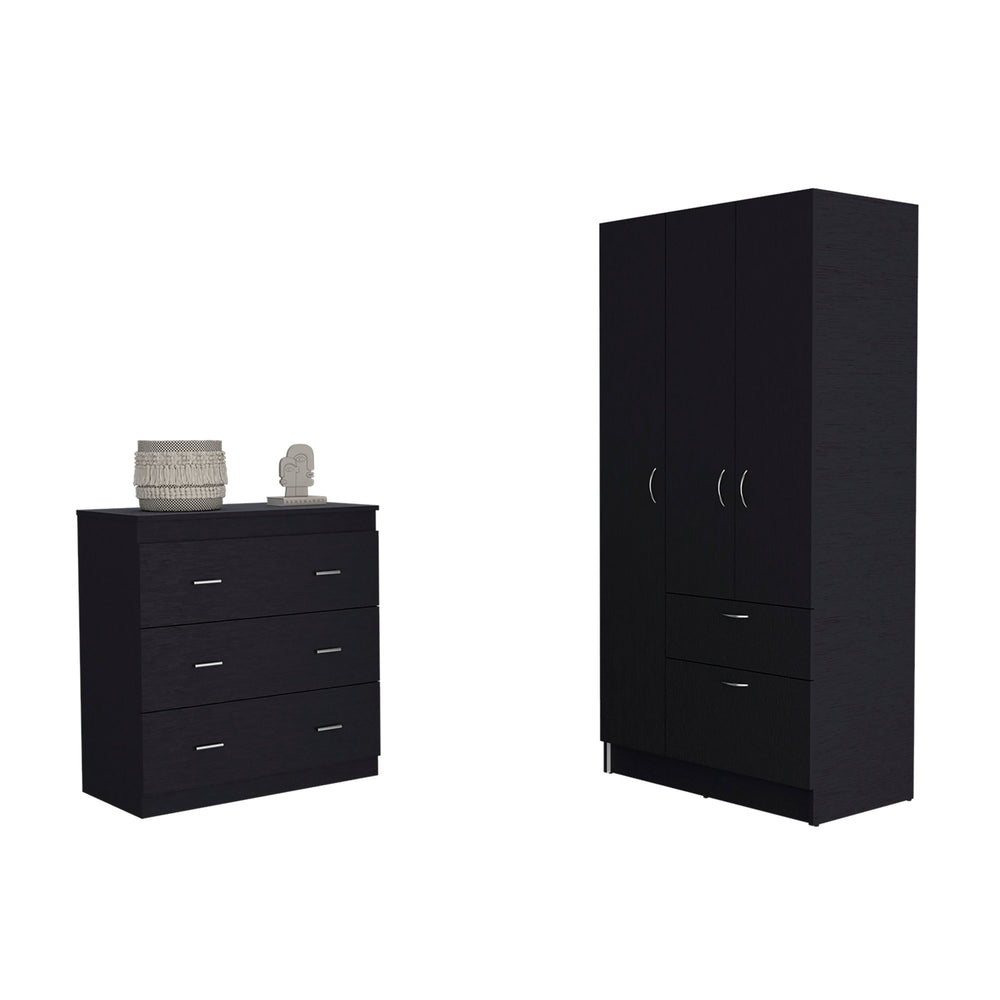English Elm 2 Piece Bedroom Set Cartagena Armoire & Capri 3-Drawer Dresser Black — Easy Assembly, Durable Wood Finish B0200S00246