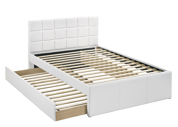 English Elm Twin Faux Leather Upholstered Bed with Pull-Out Trundle for Kids Compact Modern Sleep Solution White 52 L x 44 W x 7 H B011S01146