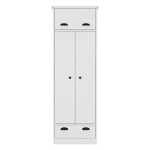 English Elm Dresser-closet with secure interlocking assembly, roomy upper storage, shelves, hanging rod, drawer White 73.6 L x 24.4 W x 3.14 H B097S00004