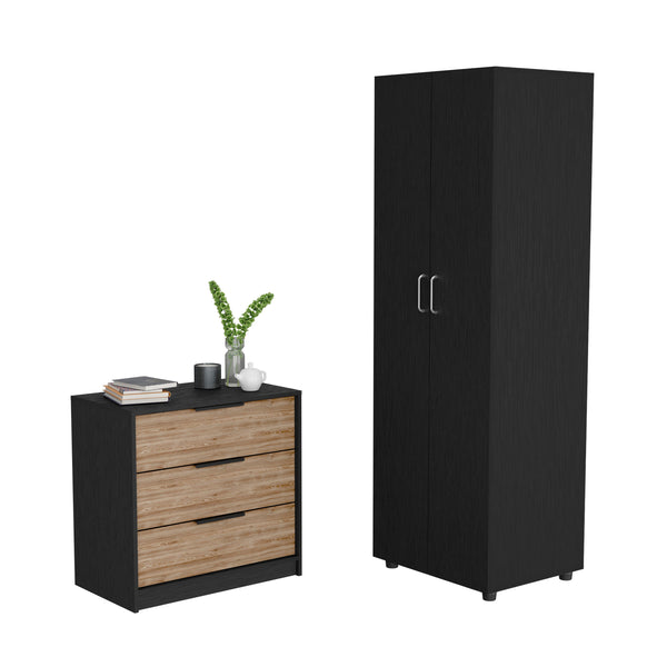 English Elm 2 Piece Bedroom Set London Armoire & Egeo 3-Drawer Dresser Black/Pine — RTA, Sturdy, Easy Assembly B0200S00243