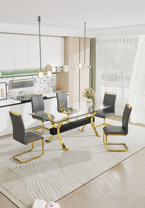 English Elm Dining Table - Stylish Tempered Glass Top With Gold-Plated Metal Legs For Modern Home & Office Use W1151S00260