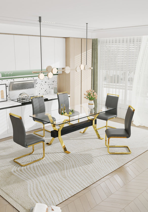 English Elm Dining Table - Stylish Tempered Glass Top With Gold-Plated Metal Legs For Modern Home & Office Use W1151S00260