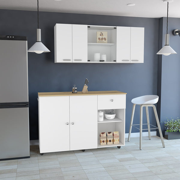 English Elm 2 Piece Kitchen Set: Stylish Island Cart & Glass-Front Wall Cabinet For Modern Storage Solutions B097S00039
