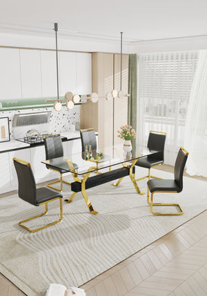 English Elm Dining Table - Stylish Tempered Glass Top With Gold-Plated Metal Legs For Modern Home & Office Use W1151S00260