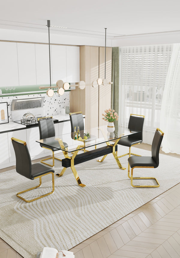 English Elm Dining Table - Stylish Tempered Glass Top With Gold-Plated Metal Legs For Modern Home & Office Use W1151S00260