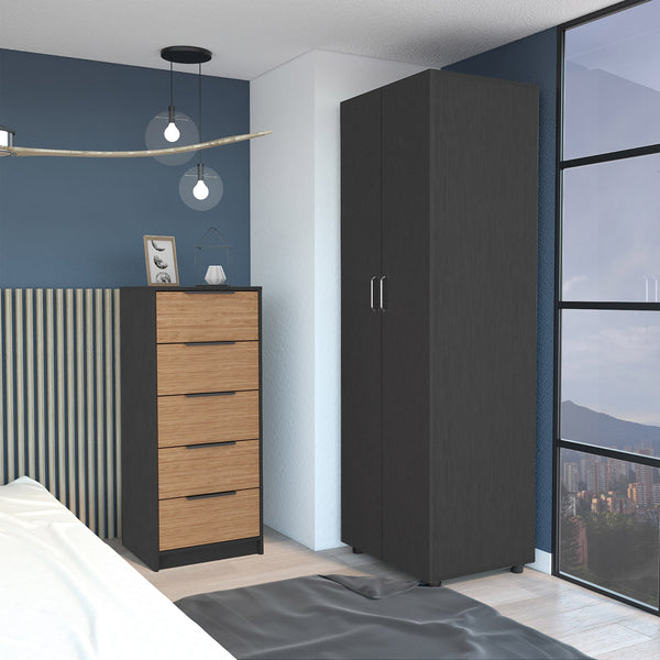 English Elm 2 Piece Bedroom Set London Armoire & Egeo 5-Drawer Dresser Black/Light Oak — RTA, Durable, Easy Assemble B0200S00237