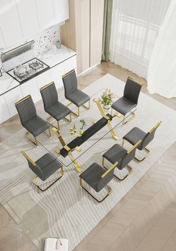 English Elm Dining Table - Stylish Tempered Glass Top With Gold-Plated Metal Legs For Modern Home & Office Use W1151S00260