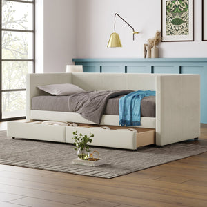 English Elm Twin Corduroy Daybed with Two Storage Drawers, Solid Pine Legs, Wood Slat Support, Durable Design Beige SF000007AAA